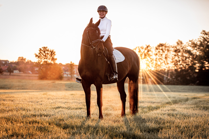 Mädchen auf Pferd im Sonnenaufgang